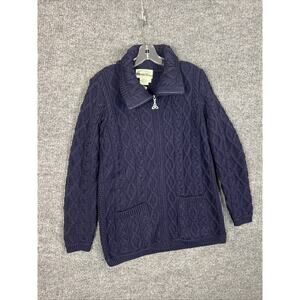 Aran Crafts Womens Zip Front Merino Wool Sweater Size Small Navy Blue Cable Knit